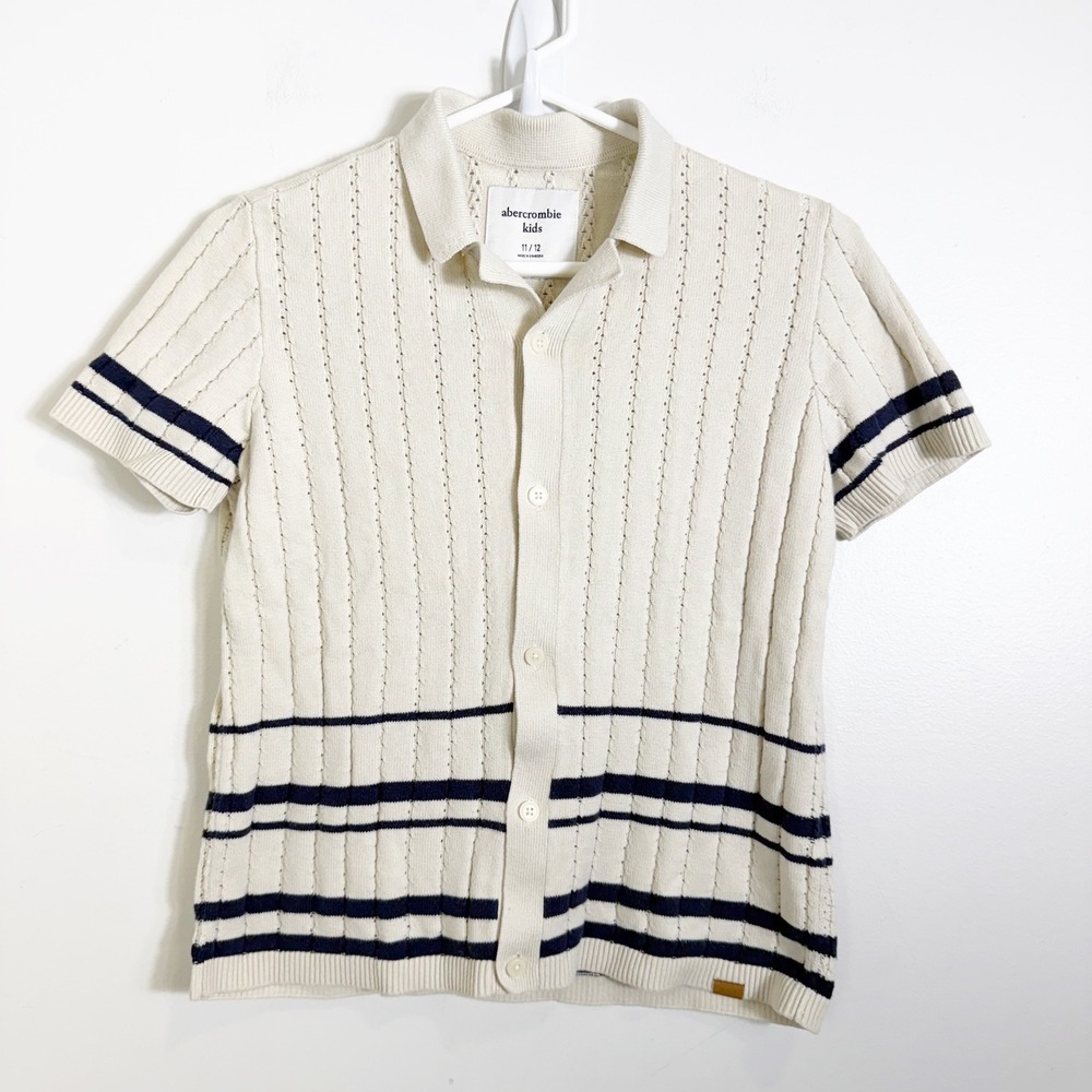 Abercrombie Kids Sweater Polo Boys 11/12 Cream Navy Blue Pointelle Knit Stripe